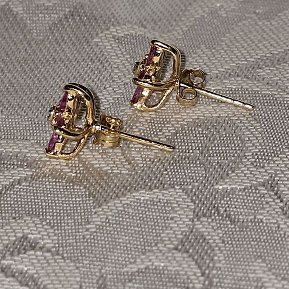 Fine Ruby Diamond Flower Designer Earrings 18K Yellow Gold Over Sterling Silver - Picture 6 of 11